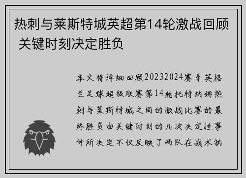 热刺与莱斯特城英超第14轮激战回顾 关键时刻决定胜负