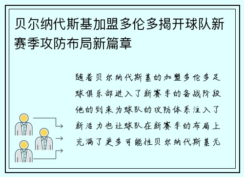 贝尔纳代斯基加盟多伦多揭开球队新赛季攻防布局新篇章